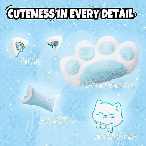 Gaming Chair, Cute Cat Gaming Chairs with Paw Lumbar Cushion for Girls, Video Gamer Chair with Footrest for Girl Teen Woman (Blue-A)