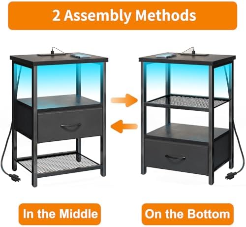Fixwal Night Stand with Charging Station, Black Led Nightstand, 1 Drawer