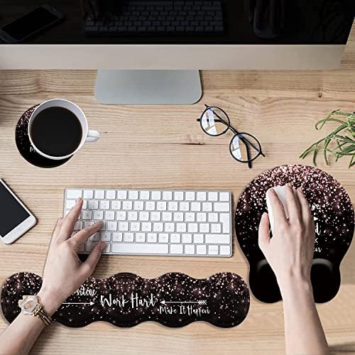 Keyboard Wrist Rest Pad and Ergonomic Mouse Pad Wrist Rest (with Coaster) Set, Non-Slip Base & with Memory Foam for Easy Typing and Wrist Pain Relief - Stay Positive Work Hard and Make It Happen
