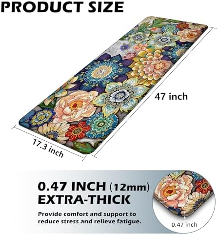 Floral Kitchen Runner Rug Mat for Floor Boho Cushioned Anti-Fatigue Mat Memory Foam Standing Desk Padded Comfort Floor Mat for Sink, Office, Laundry, 17.3x47 Inch - 1/2 Inch Thick