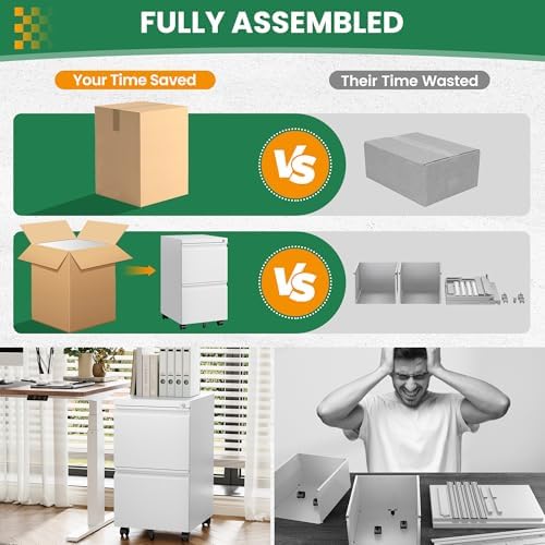 2 Drawer File Cabinet with Lock, Small Rolling Filing Cabinet for Home Office, Printer Stand, 2 Drawer Under Desk Filing Cabinet with Wheels for Legal/Letter/A4 (Fully Assembled,White)