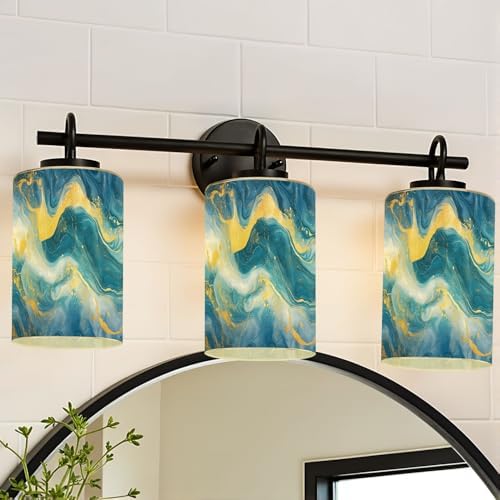 2 Pack Cylinder Glass Lamp Shade Flowing Blue Waves Gold Accents Marbled Texture Dynamic Movement Covers with 1-5/8" Fitter Opening Light Fixture Replacement for Table Lamp Bathroom Vanity Lights