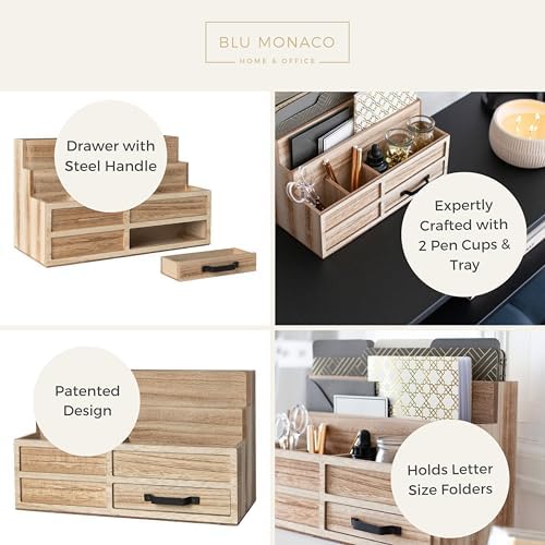 BLU MONACO | Natural Wood Mail Organizer with Drawer & Pen Holder | Rustic Desk Organizer for Bills, Letters & Countertop Storage | Wooden Desktop Mail Sorter for Home & Kitchen