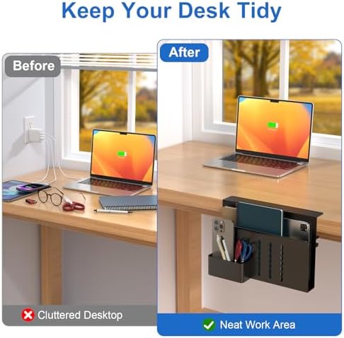 HAMOPY Desk Side Storage, Single-Layer Steel Hanging Desk Organizer with Magnetic Pen Holder, No Drilling Desk Drawer Cable Management Tray, Under Table Laptop Holder for Office, School&Home(Black)