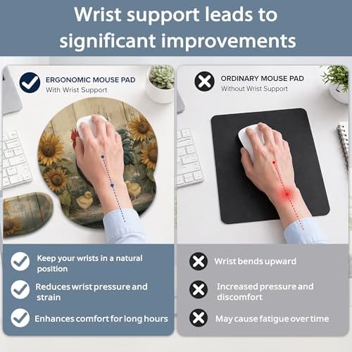 Rooster Ergonomic Memory Foam Wrist Rest Set for Keyboard and Mouse,Sunflower Vintage Wooden Board Supportive Mouse Pad with Non Slip Base for Office Work and Gaming