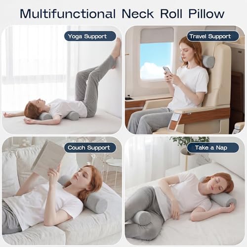 Neck Roll Cervical Pillow for Neck Pain Relief - Memory Foam Neck Pillow for Bed | Round Neck Pillows for Sleeping (Grey, Large - 6.0" H)