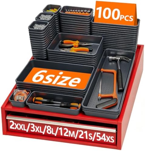[UPGRADED 100 PCS IN 6 SIZES] Toolbox Organizer, Desk Drawer Organizer Bins, Tool Box Drawer Organizer Tray, Non- Slip Toolbox Organization for Rolling Tool Chest Workbench Garage
