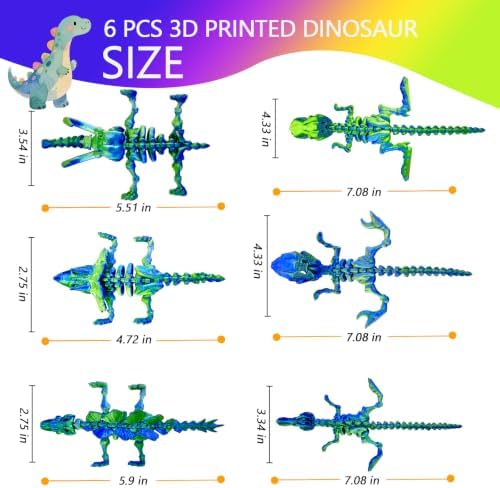 6pcs 3D Printed Dinosaur Skeletons, Flexible，Articulated T-Rex Fidget Toys,Large，3D Printed Animals,Desk Executive Toy，Easter Eggs Basket Stuffers,Toys for Boys Kids Teen Girl 5-7 4-6 8-12