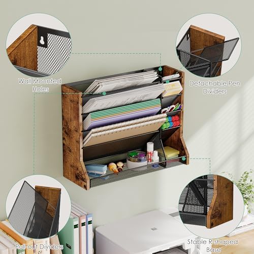 Jakyitvi 5 Tiers Ironwood Wall Desk File Holder Organizer Organizer, Brown