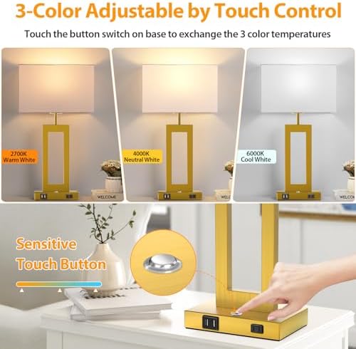 22’’ Touch Control Table Lamps Set of 2, 3 Color Temperatures Bedroom Bedside Lamps, Modern Gold Dimmable Lamps with USB Ports & AC Outlet, Tall Living Room Lamps for Nightstand End Table, 2 Bulbs