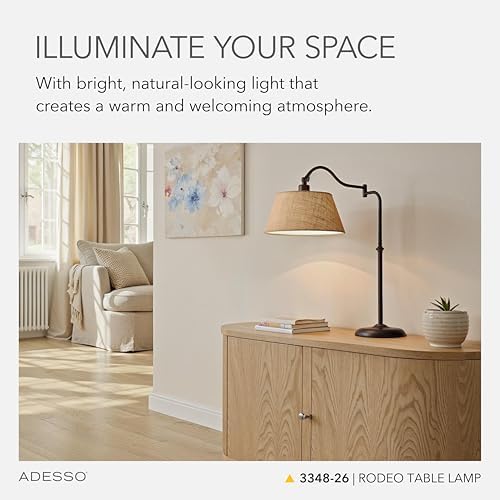 Adesso Antique Bronze Table Lamp with Burlap Shade - 180 Degree Adjustable Arm, Versatile Bedside Table, Living Room, or Desk Lamp, 27” Tall
