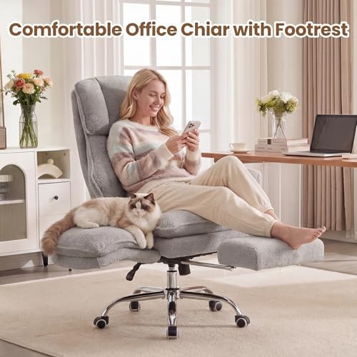 Big and Tall Office Chair with Flip Arms and Footrest, Teddy Criss Cross Legged Home Office Desk Chair with Pet Seat, Comfy Reclining Computer Gaming Chair, Grey