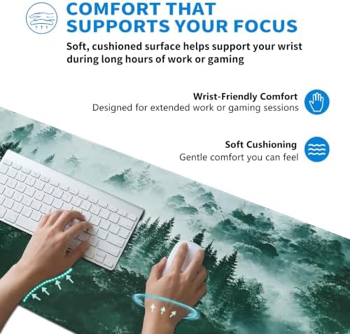 Extended Misty Forest Desk Mat, XL Large Gaming Mouse Pad, Tree Woodland Nature Stitched Edges Waterproof with Non-Slip Rubber Base for Computer Keyboard Laptop Work Home Office 31.5"x11.8"
