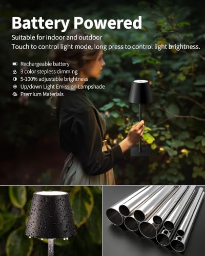 KDG 2 Pack Cordless Black Table Lamps, Rechargeable Portable LED Desk Lamps