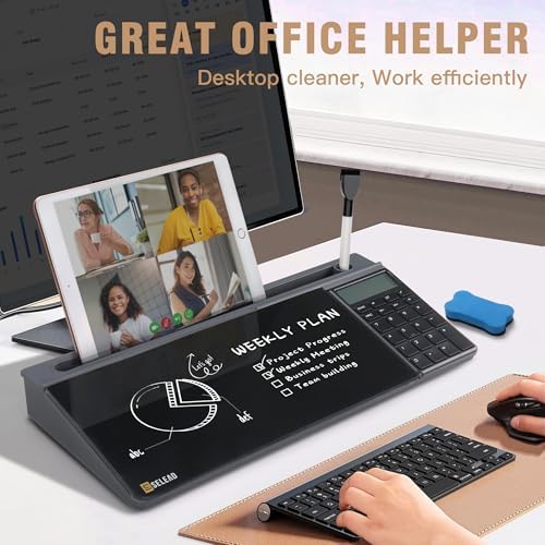 SELEAD Desktop Glass Whiteboard with Calculator and Storage, Black