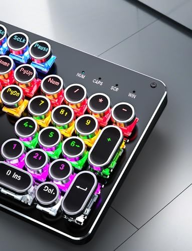 Typewriter Mechanical Gaming Keyboard and Mouse, Metal Panel Retro Keyboards with Round Keycap Blue Switch, Rainbow LED Backlit 104-Key Anti-Ghost Wired Mouse and Pad Combo for PC Laptop Mac Gamer