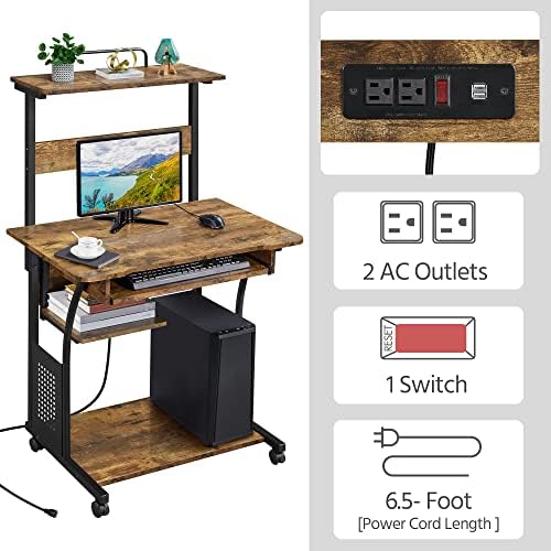Yaheetech Small 3-Tier Rolling Computer Desk, Power Outlet, Rustic Brown