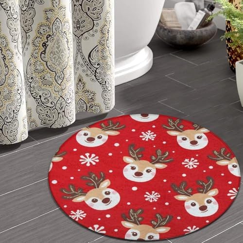 Large Home Decor Mat, Soft Round Yoga Carpet, Non Slip Machine Washable Kitchen Office Circle Rug Christmas Deer Snowflakes