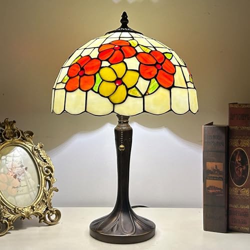 Tiffany Style Table Lamp Antique Stained Glass Lamp Red Flower Style Desk Bedside Light for Home Bedroom Living Room Office with LED Bulb