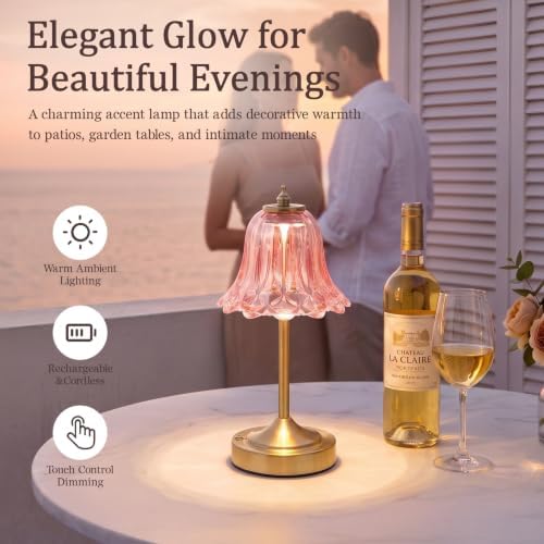 Cordless Table Lamp, Rechargeable Pink Glass Tulip Flower Touch Lamp