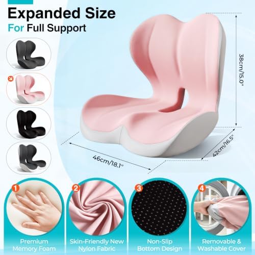 Seat Cushion for Office Chair and Car, L-Shaped Memory Foam Seat Cushions, Ergonomic Sciatica & Tailbone Pain Relief Cushion with Non-Slip Breathable Cover, Back Support for Office Chair-Pink Gray