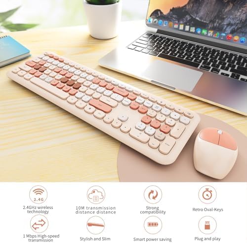 SkyGive Wireless Keyboard and Mouse Combo, Colorful Ergonomic Full Size Retro Low-Noise Keyboard with Cute Keycaps, Neutral Brown Keyboard, Compatible with Windows, PC, Perfect for Home and Office