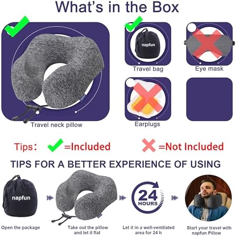 napfun Neck Pillow for Travel, Memory Foam Airplane Pillow, Full Grey