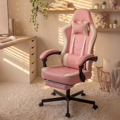 Office Desk Computer Gaming Chair for Adults, Ergonomic High Back Gamer Chair with Massage and Pocket Spring Cushion, Swivel Comfy Video Game Chairs with Footrest and Lumbar Support (Pink White)