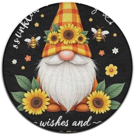 Large Home Decor Mat, Soft Round Yoga Carpet, Non Slip Machine Washable Kitchen Office Circle Rug Sunflower Gnome