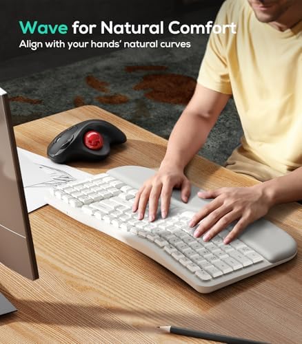 Nulea RT08 Wave Keys Wireless Ergonomic Keyboard with Cushioned Palm Rest, 2.4GHz Ergo Cordless USB Computer Keyboard, Comfortable Natural Typing, for Laptop, Mac, Windows (White)