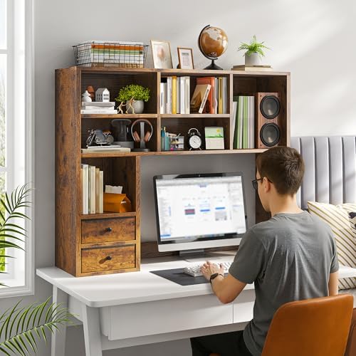 REIBII Desktop Bookshelf, 8 Shelves Desk Hutch for Dorm Room, Rustic Brown
