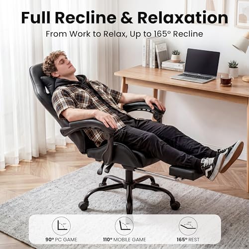 Gaming Chair, Ergonomic Footrest, Lumbar & Headrest(Black)