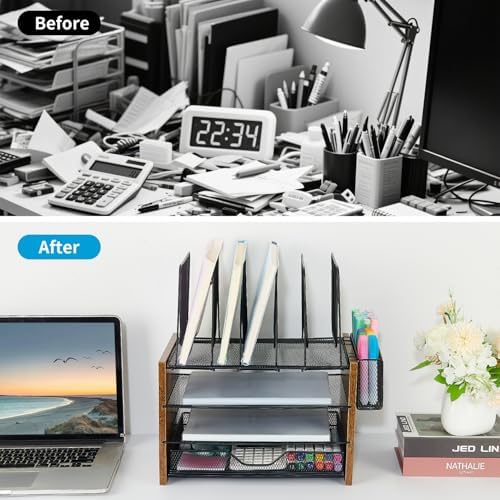 OPNICE Desk Organizer, 4-Tier Desktop File Organizer with Drawer and Pen Holders, Office Desk Accessories, File Sorters, Workspace Organizers for Office Supplies(Brown)