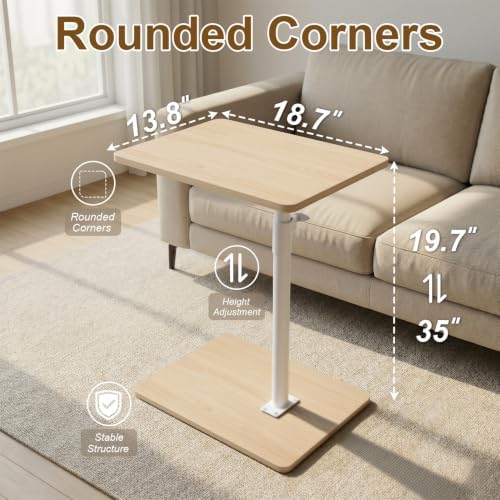 YUHFERA Sofa Armrest Tray Table for Couch - 360 Swivel Height Adjustable End Table for Small Spaces, Snack Side Table for Bed or Chair with Phone & Tablet Slot (Oak, Enlarged)