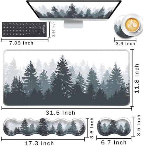 Keyboard Wrist Rest and Mouse Pad with Wrist Support Set Ergonomic Coaster,Memory Foam,Easy Typing Pain Relief,Large XL Desk Mat 31.5"x 11.8",Misty Forest Tree