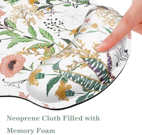 Floral Ergonomic Mouse Pad with Wrist Support, Cute Premium-Textured Mouse Mat for Wireless Mouse, Non-Slip Rubber Base, Desk Accessories for Laptop, Office, Home, Game, White Flower