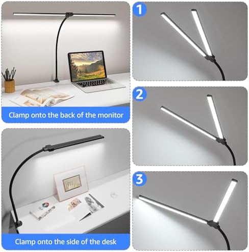 ShineTech LED Desk Lamp for Home Office, 5000K Bright Double Head Architect Task Lamps with Clamp, Dimmable Adjustable Flexible, Black