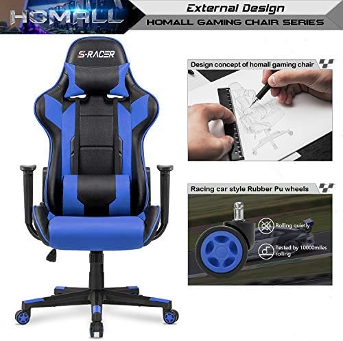 Homall Gaming Chair, Office Chair High Back Computer Chair Leather Desk Chair Racing Executive Ergonomic Adjustable Swivel Task Chair with Headrest and Lumbar Support(Blue)