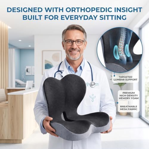 Memory Foam Office Chair Cushion with Lumbar Support Pillow – Ergonomic Desk Chair Cushion for Sciatica & Tailbone Pain Relief, L-Shaped Seat Cushion for Car, Truck, & Airplane Seat (Non-Slip Base)