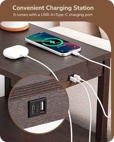 EDISHINE Floor Lamp with Table Dimmable USB-A+Type-C Port, Dark Walnut