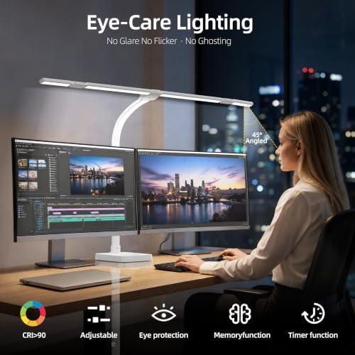 LED Desk Lamp for Home Office，42" Eye-CaringDesk Light with Remote，Adjustable Flexible Gooseneck，1800LM Ultra Bright Table Lamp with Base for Work，Reading, Study，Double Monitor（White） ﻿