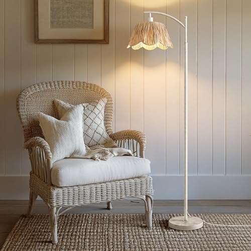 Oneach Rattan Floor Lamp for Living Room with 3 Color Temperatures, Boho Floor Lamp for Bedroom with Remote & Dimmable Bulb, Farmhouse Standing Lamp for Reading, Antique White