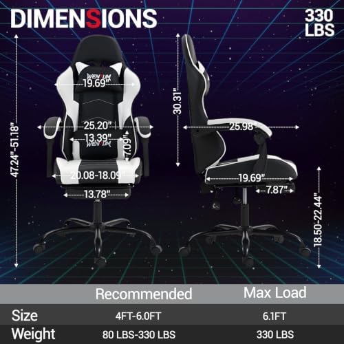 Gaming Chair with Footrest for Adults, PU Leather Massage Racing Video Game Chair with Lumbar Support for Men Women, Ergonomic Computer Gamer Chair for Home Office, Height Adjustable, White