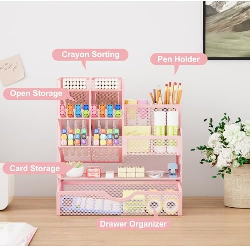 Marbrasse Mesh Desk Organizer with Drawer, Multi-Functional Pencil Organizer, 12 Compartments, Pink, Modern, Minimalist