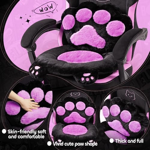 Pink Gaming Chair Cute with Cat Ears Paw Lumbar and Cushion,Ergonomic Computer Chair with Footrest,Reclining PC Game Chair for Girl Computer Chair 300lbs for Adult, Black and Purple