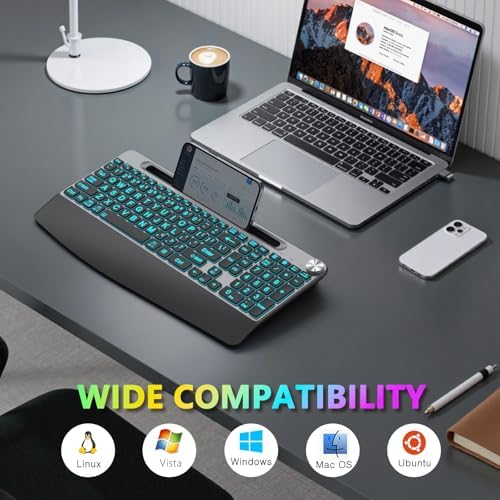 GAMCATZ Large Print Backlit Wireless Keyboard with Wrist Rest-Low-Profile,Phone/Tablet Holder,Rechargeable with Light Up Keyboard,Ergonomic Quiet Computer Keyboard for Desktop,Laptop, PC, Mac-Grey