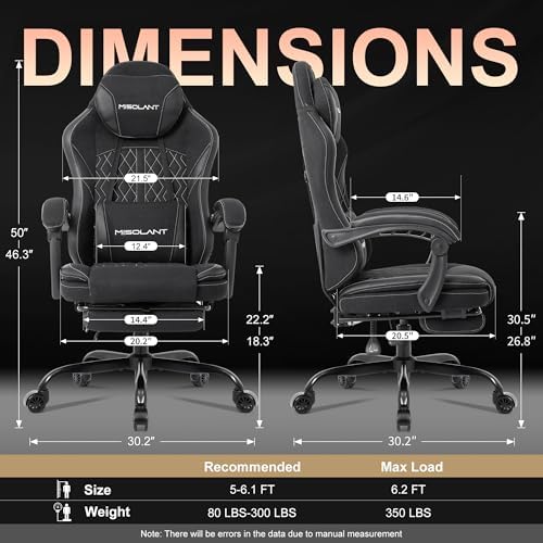Misolant Gaming Chair, Fabric Gamer Chair with footrest for Adults, High Back Ergonomic Computer Game Chair with Adjustable Headrest and Massage Lumbar Support, 90-155° Recline Free，Black