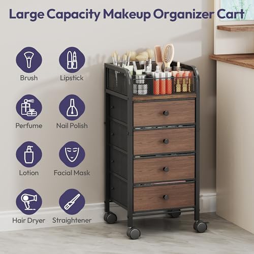 SWTYMIKI Rolling Makeup Organizer Cart - Under Desk Vanity Makeup Storage with 4 Non-woven Drawers, Nail Cart Organizer Cosmetic Display Cases Cabinet for Skin Care Perfume Nail Polish Brush Hair Tool