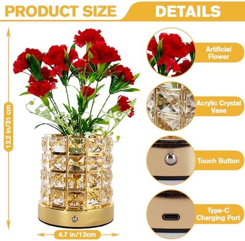 Flower Table Lamps, Rechargeable Cordless Small Desk Lamp, 3 Colors Dimmable Artificial Flowers Night Light, Fake Bouquet Carnation with Crystal Vase Gifts for Girl Women Mom (Red - Carnation)