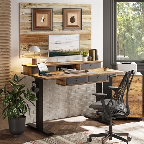 TIQLAB 55 * 28 Inch Standing Desk with Four Drawers, Electric Sit Stand Table, Stand Up Desk Adjustable Height with Storage Shelf, Splice Board, Rustic Brown